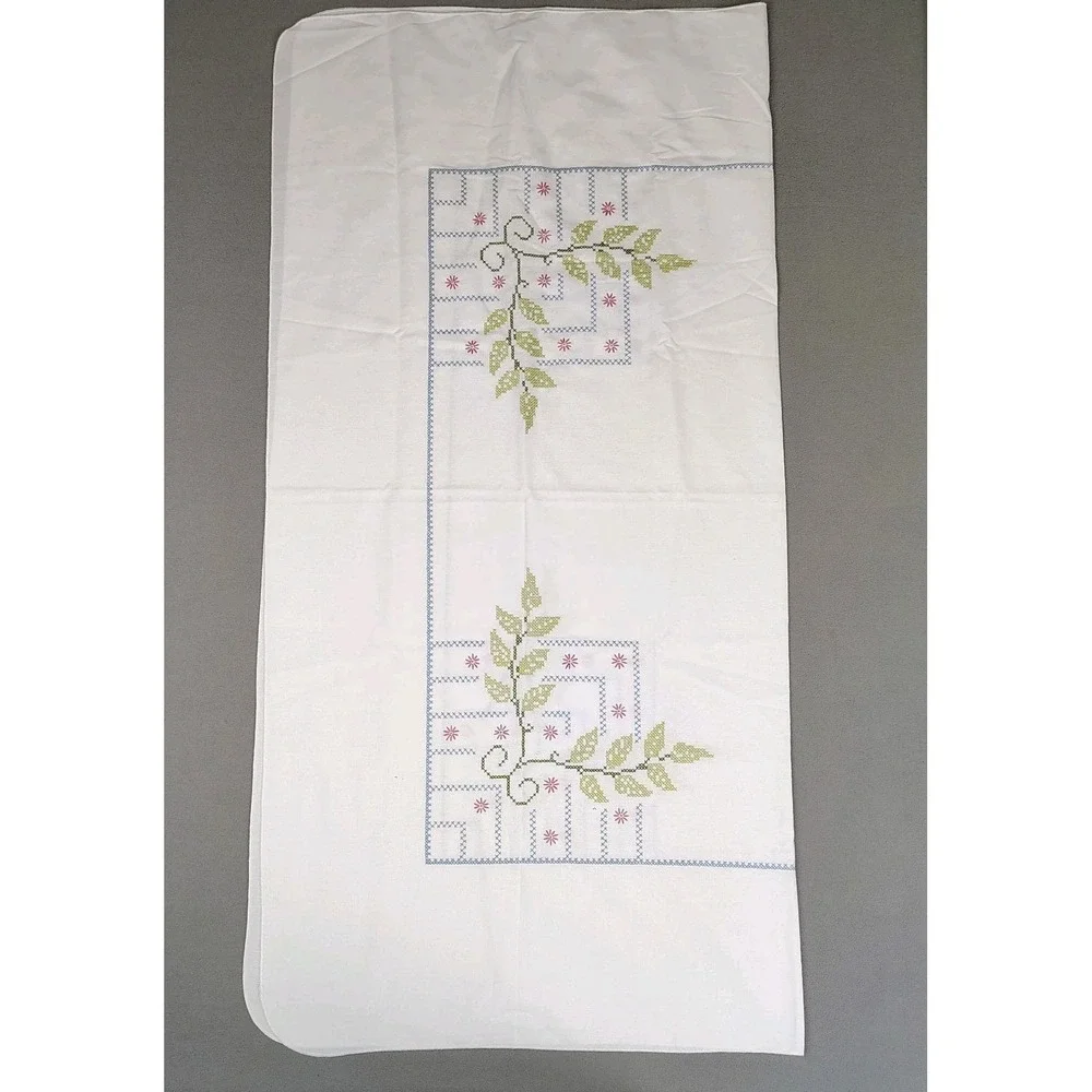 Vintage Embroidered Tablecloth Large 59x59 Floral Garden MCM 50s Cross Stitch